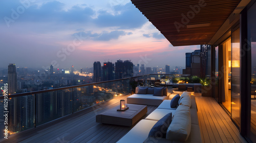 An exclusive penthouse suite terrace at a five-star hotel with panoramic city views.