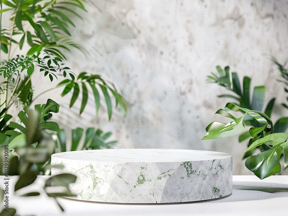 there is a white marble pedestal with a plant in the background there is a white marble pedestal with a plant in the background