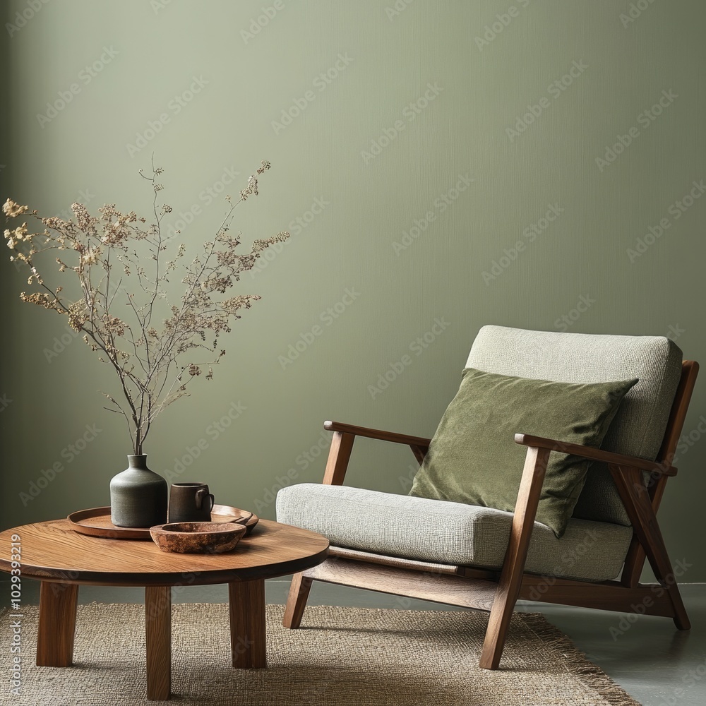 Modern Scandinavian Living Room with Green Wall and Wooden Furniture Modern Scandinavian Living Room with Green Wall and Wooden Furniture