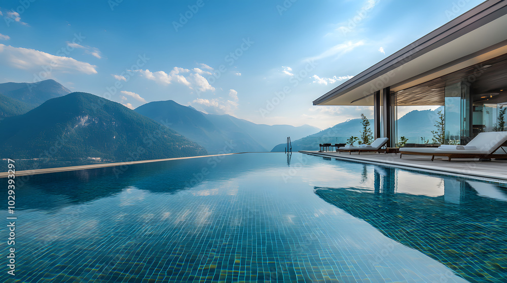 Fototapeta premium An infinity pool at a five-star hotel with a view of mountains in the background.