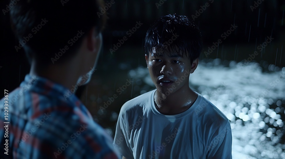 they are two men standing in the rain in the dark they are two men standing in the rain in the dark