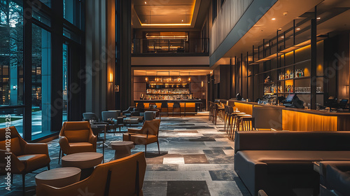 A five-star hotel lobby bar with sleek decor and cozy seating under soft lighting.