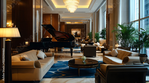 A five-star hotel lobby lounge with plush sofas and a grand piano in the corner. photo