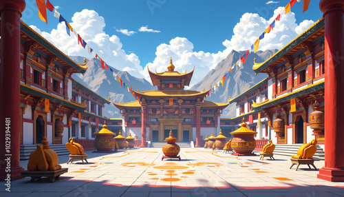 Tibetan monastery courtyard with prayer flags and mountain views