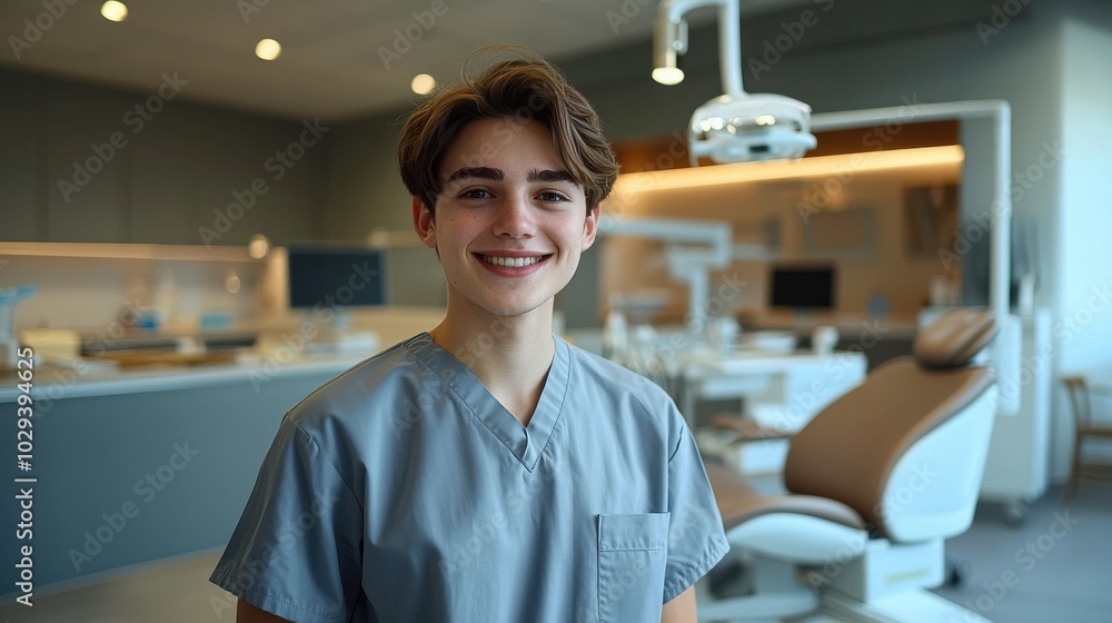 Obraz premium Young dental assistant smiling warmly in a modern clinic during a bright afternoon shift