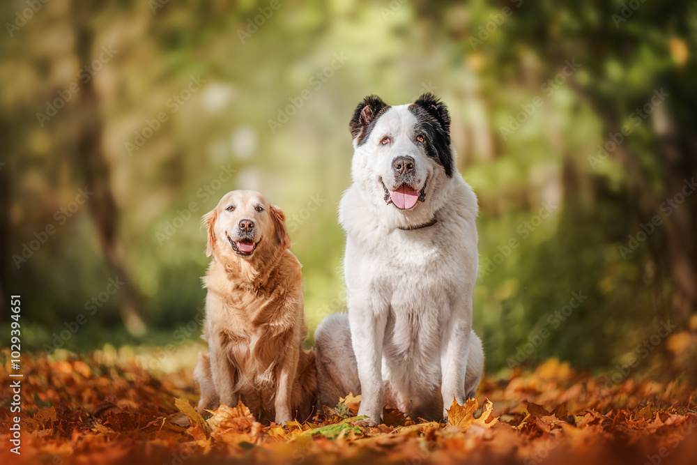An Alabai and a Golden Retriever sit together on vibrant autumn leaves, capturing the essence of friendship in a stunning fall setting An Alabai and a Golden Retriever sit together on vibrant autumn leaves, capturing the essence of friendship in a stunning fall setting