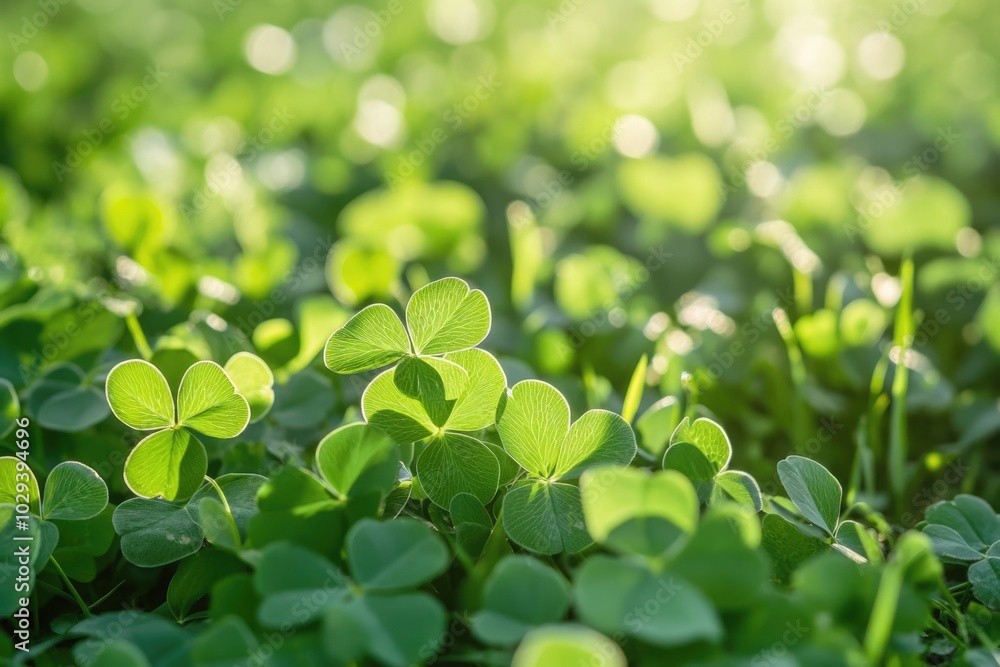 Daylight Clover Field. Irish Shamrock Leaves in Lush Green Meadow Daylight Clover Field. Irish Shamrock Leaves in Lush Green Meadow