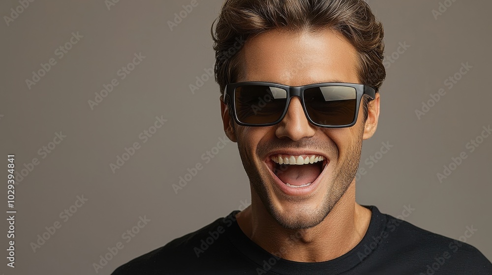 Young man smiling broadly while wearing sunglasses indoors against a neutral background Young man smiling broadly while wearing sunglasses indoors against a neutral background