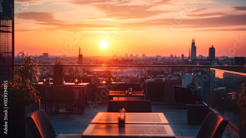 A five-star hotel rooftop bar at sunset with panoramic views of the city skyline.