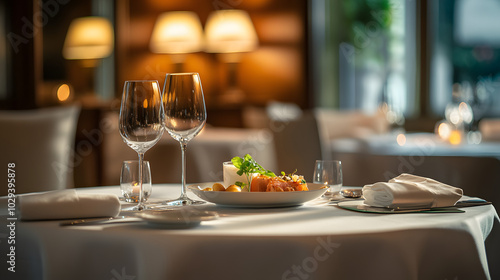 A gourmet dining setup in a five-star hotel restaurant featuring Michelin-starred cuisine.