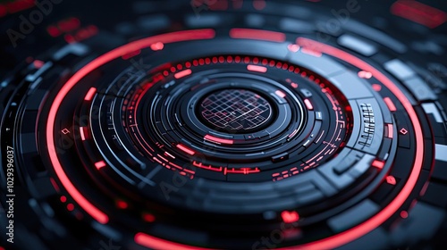 Wallpaper Mural A futuristic abstract background with circular patterns and red accents, conveying a sense of digital innovation and advanced technology. Torontodigital.ca