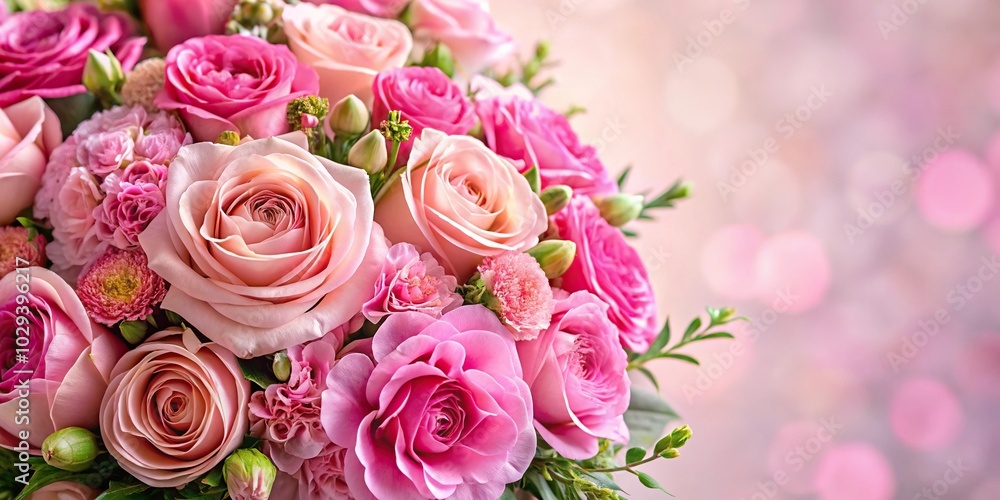 A bouquet of pink roses and carnations arranged in a beautiful floral pattern, garden decor, intricate patterns, celebratory mood A bouquet of pink roses and carnations arranged in a beautiful floral pattern, garden decor, intricate patterns, celebratory mood