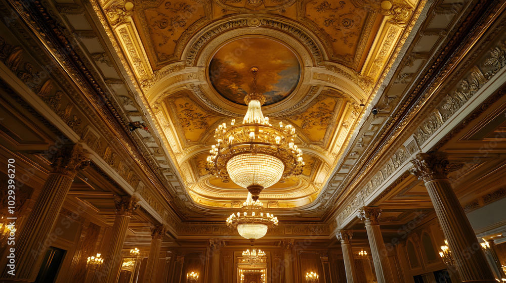 Obraz premium A grand five-star hotel ballroom with intricate ceiling designs and luxurious chandeliers.