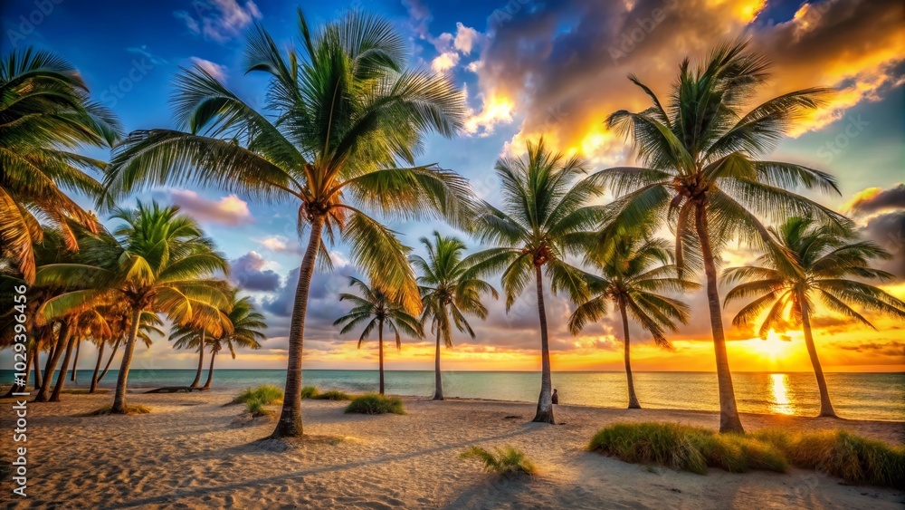 Obraz premium Tropical Sunset with Palm Trees on a Beach