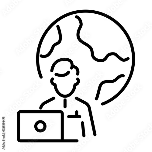 Linear icon of a person sitting at a laptop providing remote assistance service