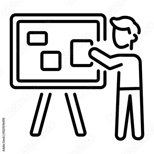 A linear icon of a person pinning papers onto a vision board