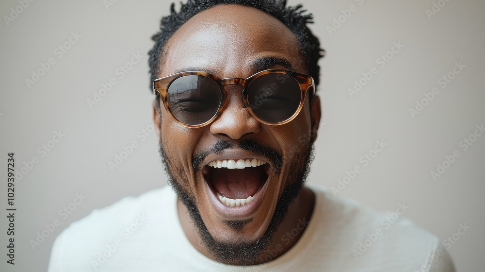 A joyful man laughing in sunglasses against a neutral background, capturing a moment of happiness and carefree spirit during a sunny day A joyful man laughing in sunglasses against a neutral background, capturing a moment of happiness and carefree spirit during a sunny day