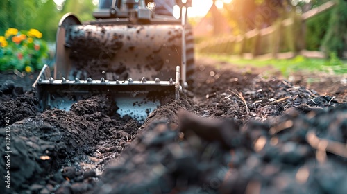 Focused Caucasian Man Operating Construction Equipment for Soil Compaction in a Vibrant Garden Setting at Sunset. Concept of Outdoor Work, Garden Design, and Hardscaping Techniques