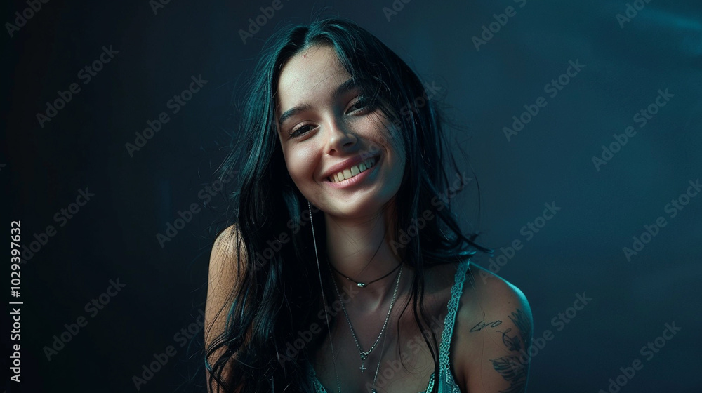 A young woman with long dark hair and a bright smile, posing against a dark teal background, exuding confidence and warmth.
A young woman with long dark hair and a bright smile, posing against a dark teal background, exuding confidence and warmth.