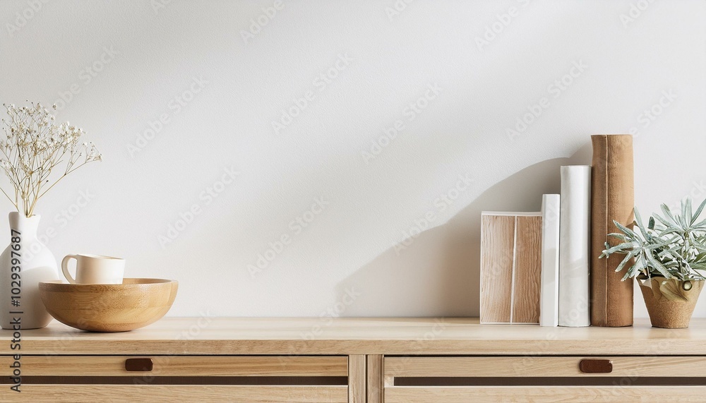 Blank wall mockup in white interior with natural wooden furniture, 3d render Blank wall mockup in white interior with natural wooden furniture, 3d render