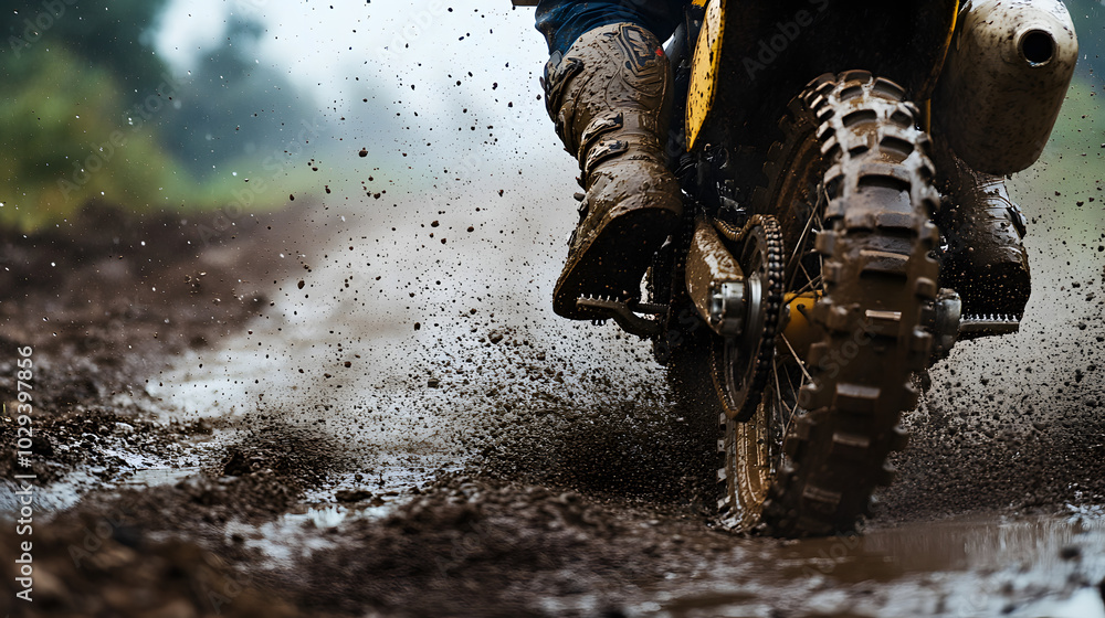 A dirt bike rider kicking up mud during a rainy day on an off-road trail with raindrops blurring the motion. A dirt bike rider kicking up mud during a rainy day on an off-road trail with raindrops blurring the motion.