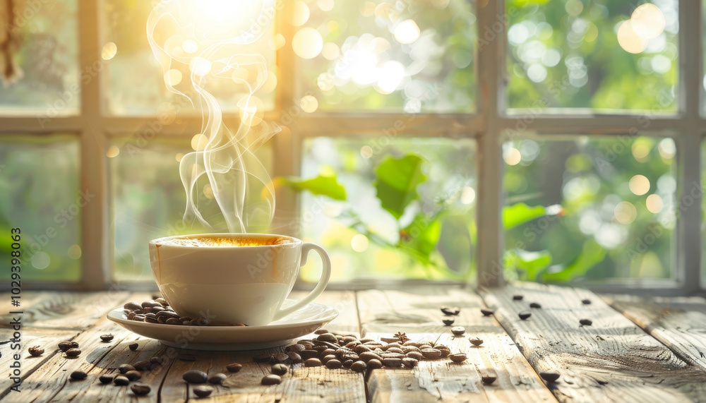 Obraz premium Una tazza di caffè fumante su un tavolo rustico in legno, con chicchi di caffè sparsi in giro. La luce del mattino filtra da una finestra, creando un'atmosfera calda e accogliente