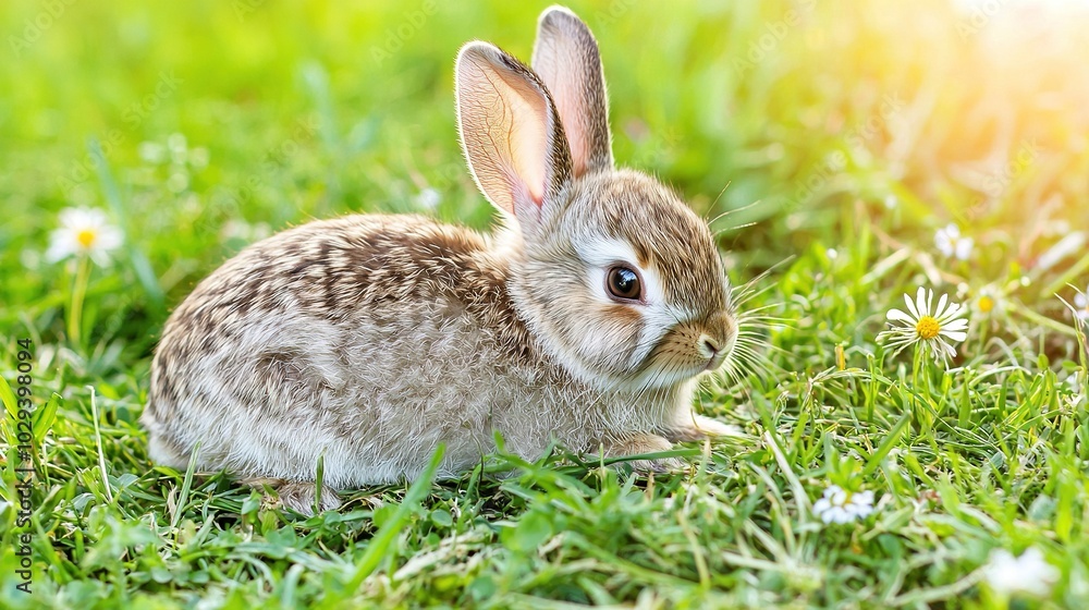 Fototapeta premium A rabbit sits in grass with daisies in the foreground and a sunbeam behind it
