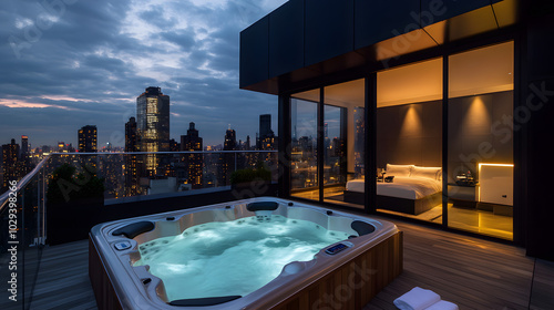 A luxurious five-star hotel penthouse suite with a private rooftop jacuzzi overlooking the city. photo