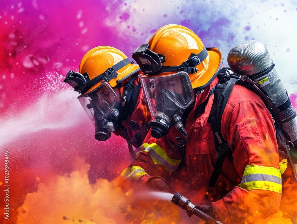 Obraz premium Two firefighters in full gear confront vibrant smoke with determination, emphasizing unity and strength in the face of hazardous fire situations during operations.