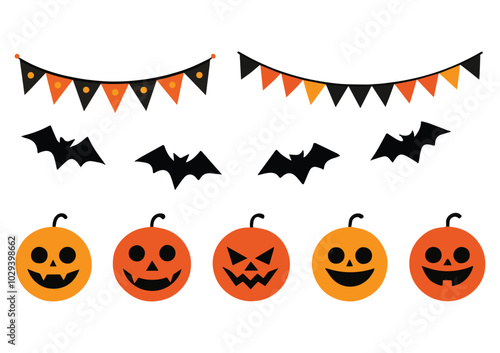 Cute Halloween garland bunting set featuring Jack O' Lanterns, pumpkins, and bats. Simple banner design for party decor, vector element ideal for festive and classy Halloween decorations.