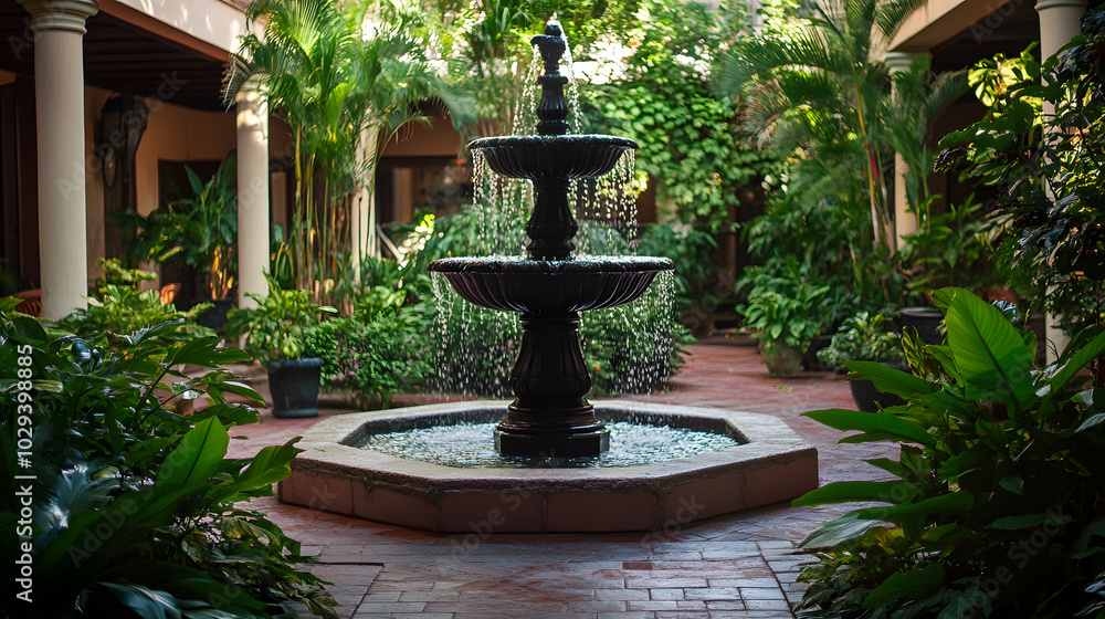 A peaceful courtyard in a five-star hotel featuring a fountain and lush greenery. A peaceful courtyard in a five-star hotel featuring a fountain and lush greenery.