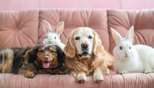 Un gruppo di animali domestici, tra cui un cane, un gatto e un coniglio, seduti ordinatamente su un divano photo