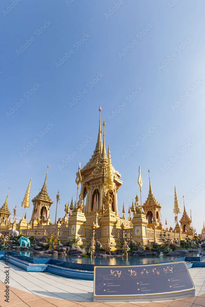 Fototapeta premium The Royal Crematorium for King Bhumibol Adulyadej at Sanam Luang prepared to be used as The royal funeral Cremation Ceremony Bangkok Thailand Pra May Ru Maat
