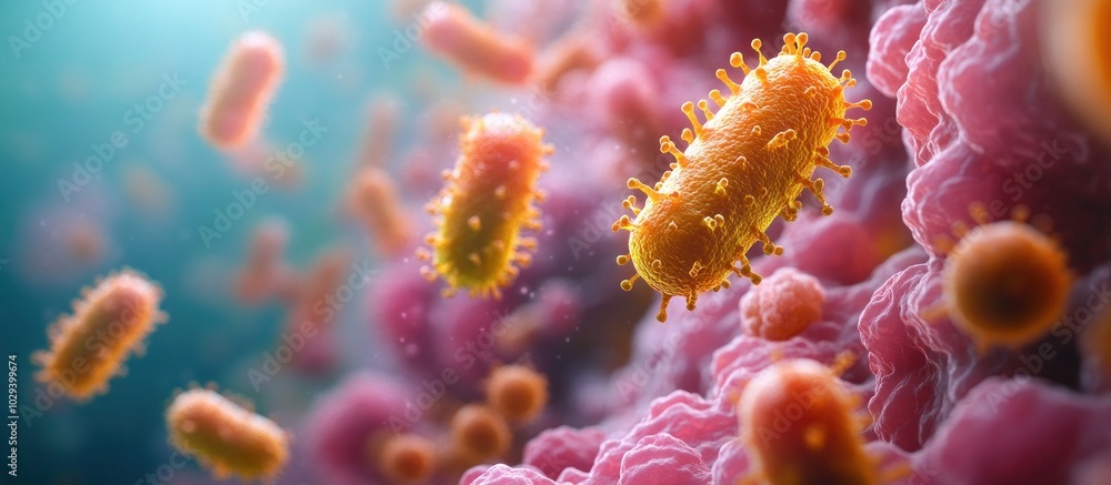 A close-up view of bacteria interacting in a microscopic environment. A close-up view of bacteria interacting in a microscopic environment.