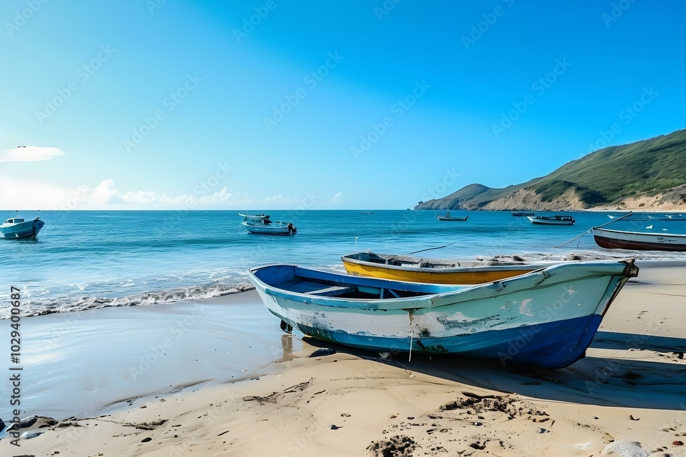 Colorful fishing boats on a sandy beach Colorful fishing boats on a sandy beach