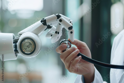 Un braccio robotico che passa uno stetoscopio a un medico, a simboleggiare la collaborazione tra tecnologia e medicina. Design futuristico, toni neutri. photo