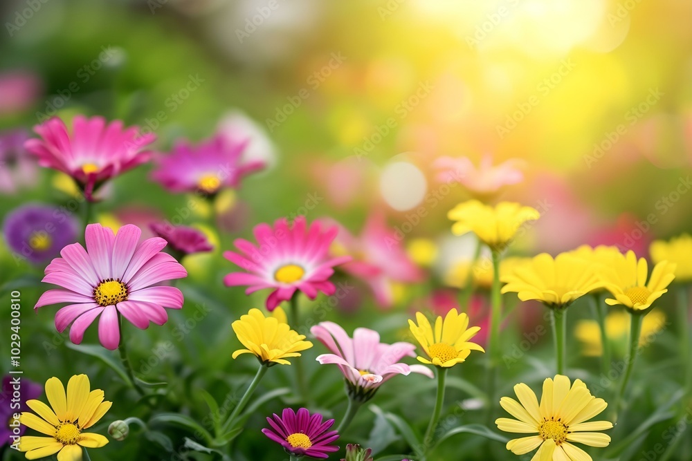Colorful blooming flowers in warm sunlight Colorful blooming flowers in warm sunlight