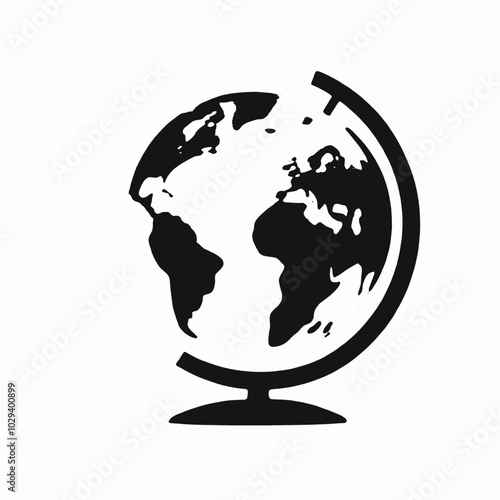 A black and white silhouette of a globe on a stand 