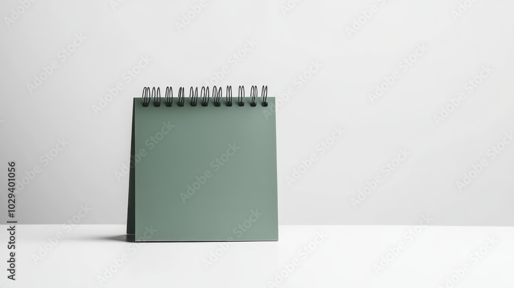 Blank green spiral notebook standing upright on a white surface against a white background Blank green spiral notebook standing upright on a white surface against a white background