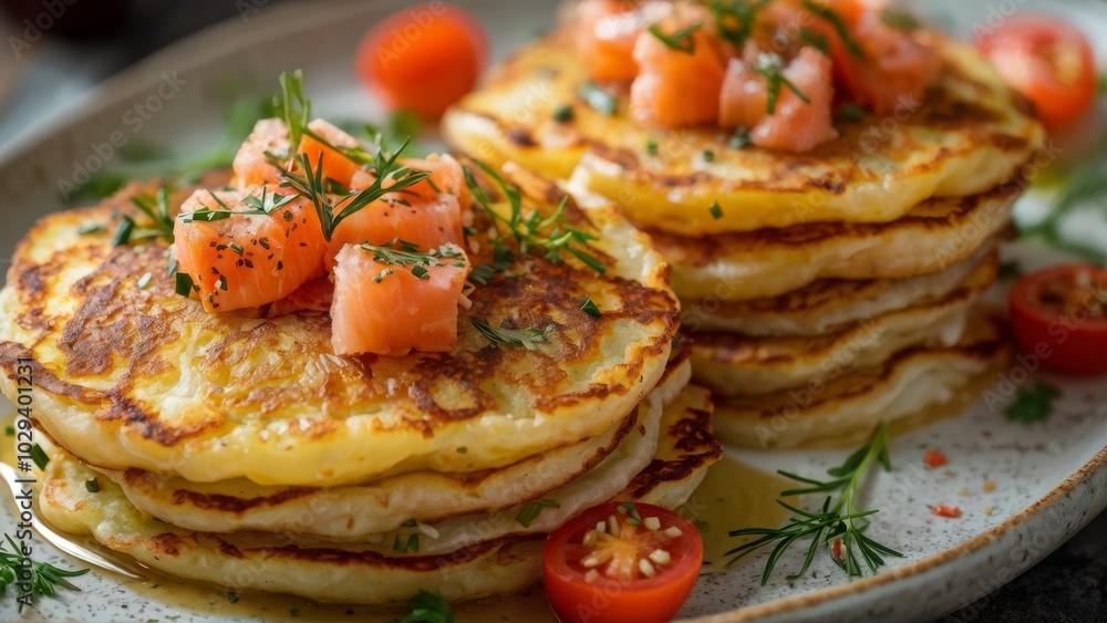 Savory potato pancakes (Herzhafte Kartoffelpuffer) with smoked salmon.
Savory potato pancakes (Herzhafte Kartoffelpuffer) with smoked salmon.