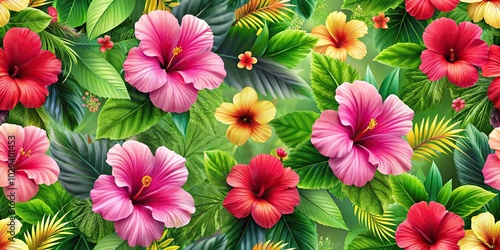 Pattern of hibiscus flowers and lush vegetation for exotic backgrounds with Depth of Field