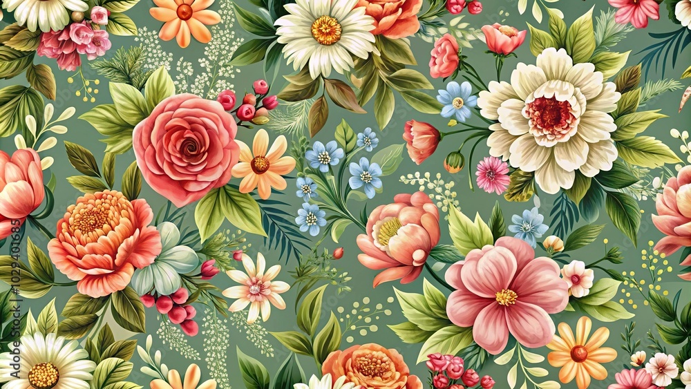 Floral pattern with blooming flowers and greenery in a repeating design, design, blossom, wallpaper Floral pattern with blooming flowers and greenery in a repeating design, design, blossom, wallpaper