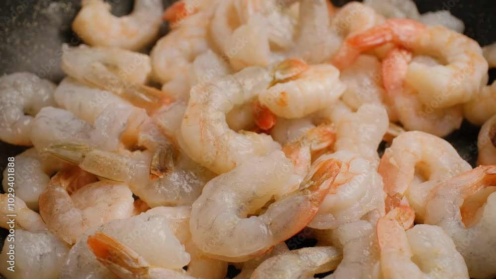 Close-up of preparing shrimps on the pan. Close-up of preparing shrimps on the pan.