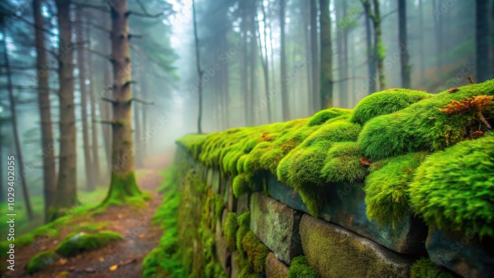 Lush green moss growing on a weathered stone wall in a misty forest environment, scenery, plant life, forest Lush green moss growing on a weathered stone wall in a misty forest environment, scenery, plant life, forest