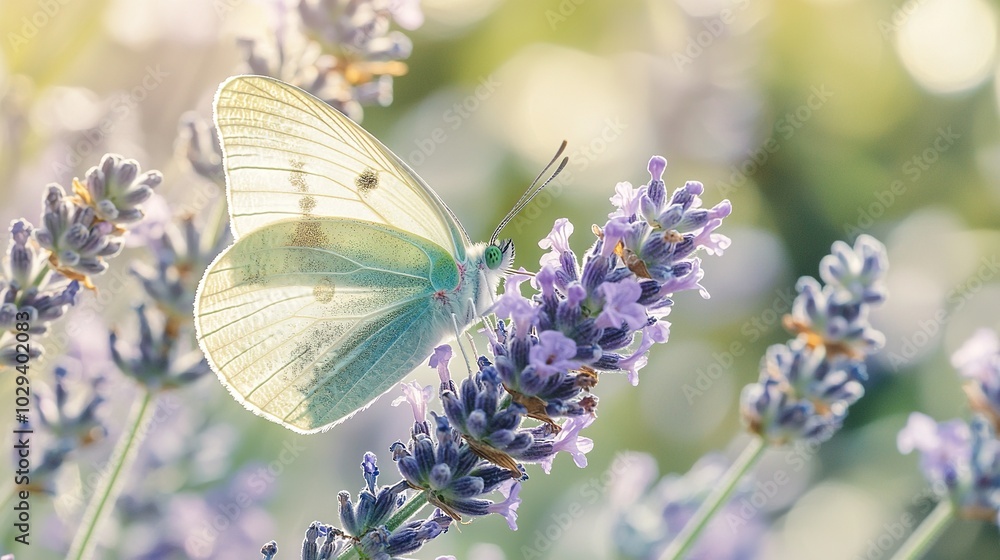 A butterfly on a purple flower-filled plant with a blurry background A butterfly on a purple flower-filled plant with a blurry background