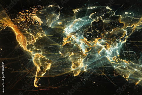 Una mappa del mondo illuminata con linee che collegano varie città globali, che rappresentano le principali rotte commerciali tra i continenti photo