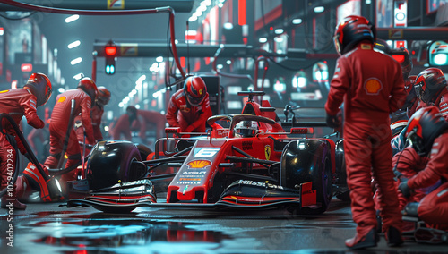A Formula 1 car undergoing a high-speed pit stop, with crew members working efficiently in a brightly lit pit lane.
