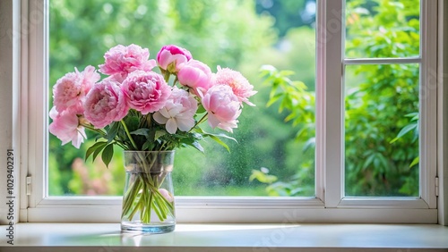 Fototapeta Naklejka Na Ścianę i Meble -  peonies bouquet glass vase window