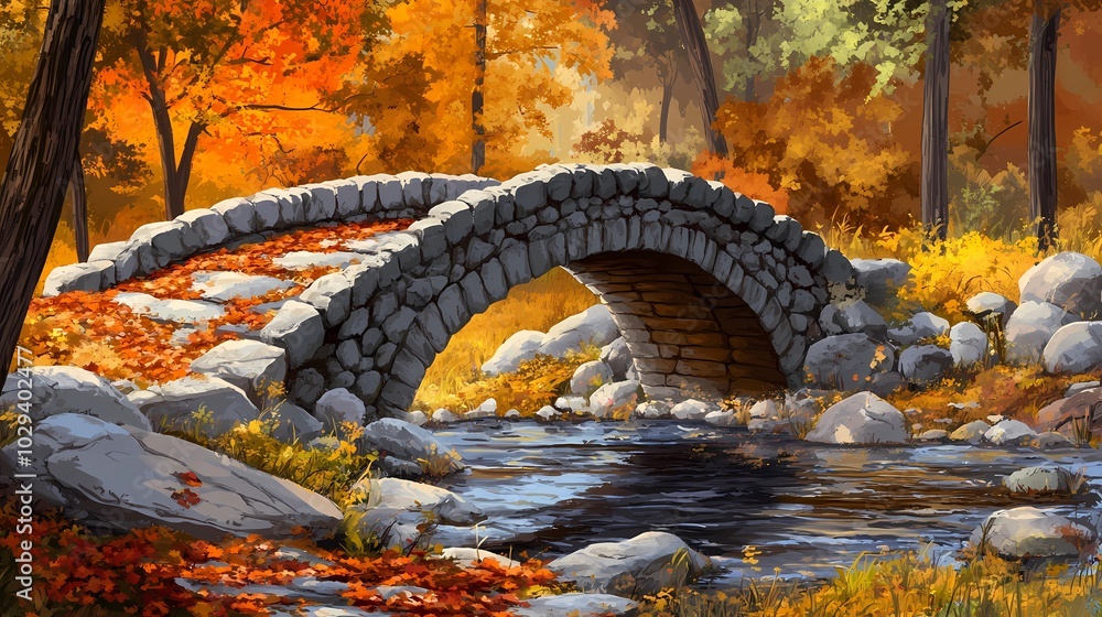 Bridge in an autumn park surrounded by vibrant fall leaves, creating a peaceful and serene seasonal landscape ideal for nature visuals. Bridge in an autumn park surrounded by vibrant fall leaves, creating a peaceful and serene seasonal landscape ideal for nature visuals.