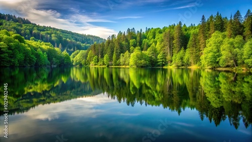 Perfect lake reflection of a green forest with leading lines